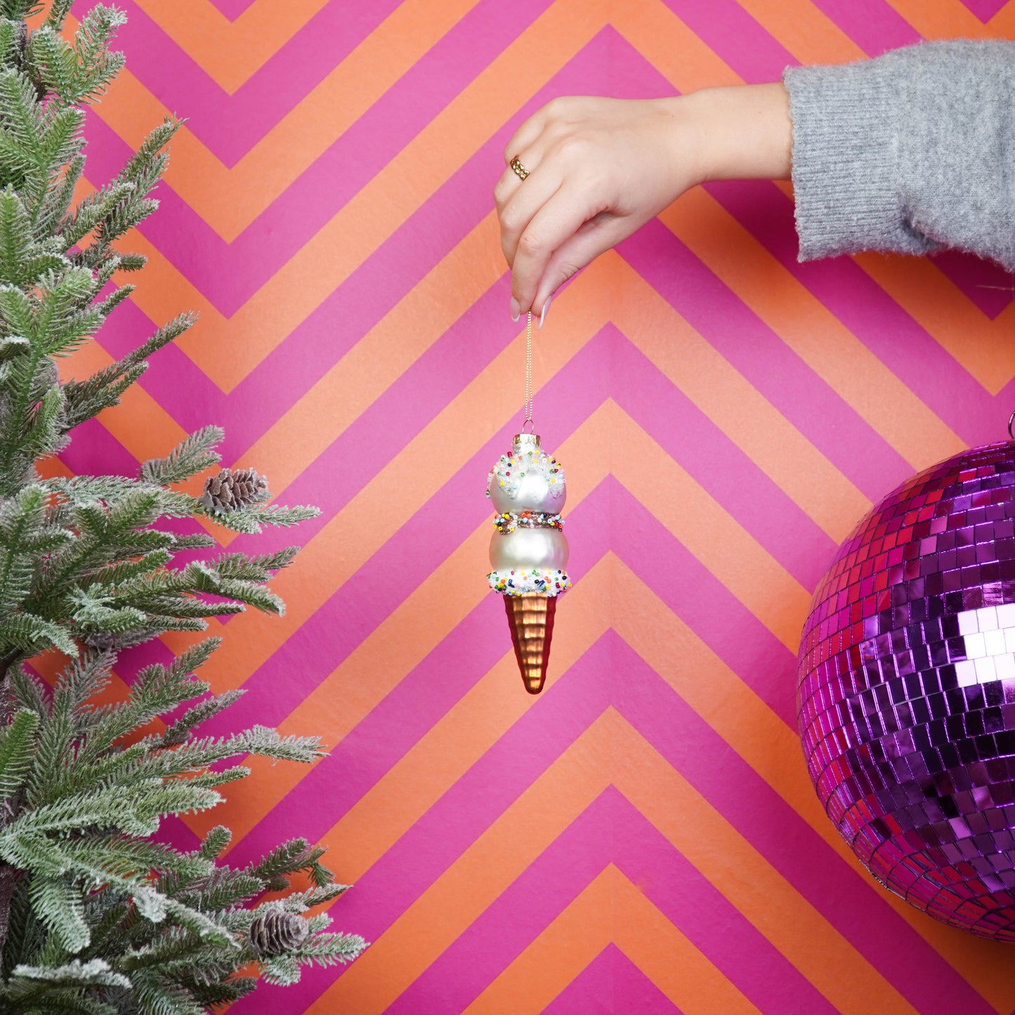 Xmas Hanger - Ice Cream - Glass - Pink/White - 5x14cm