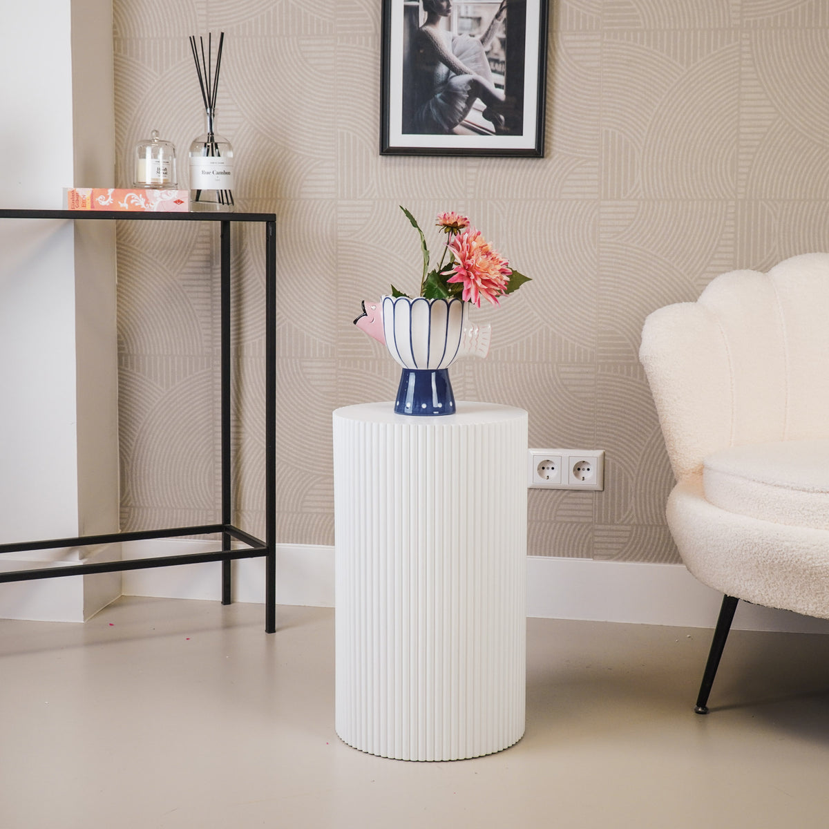 Round Side Table – Ribbed Cylinder Design – MDF – White – 30x54cm