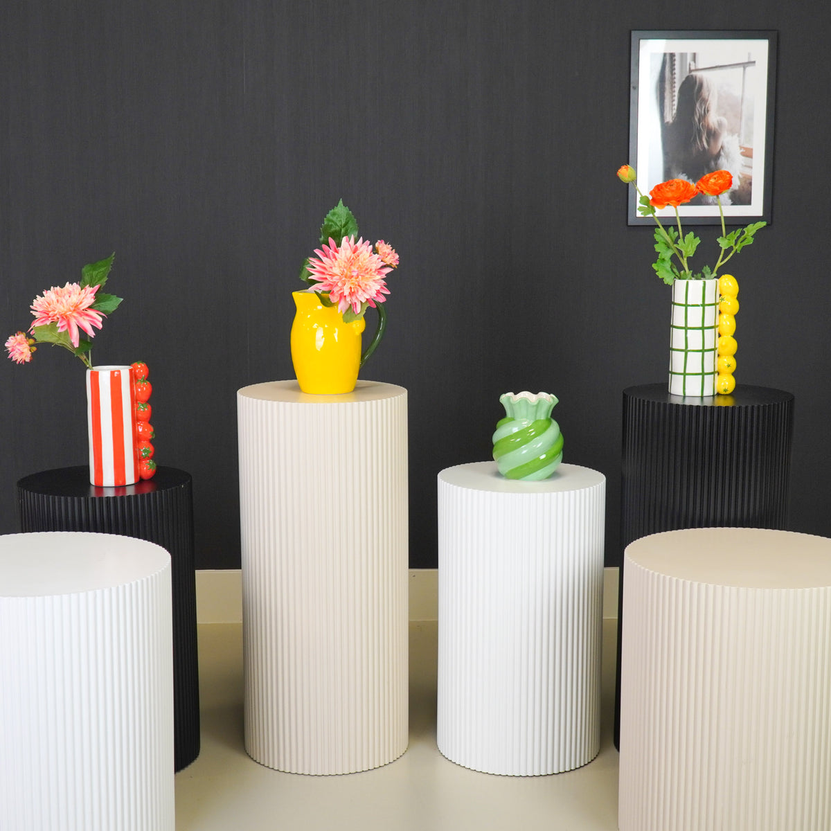 Round Side Table – Ribbed Cylinder Design – MDF – Sand – 30x54cm