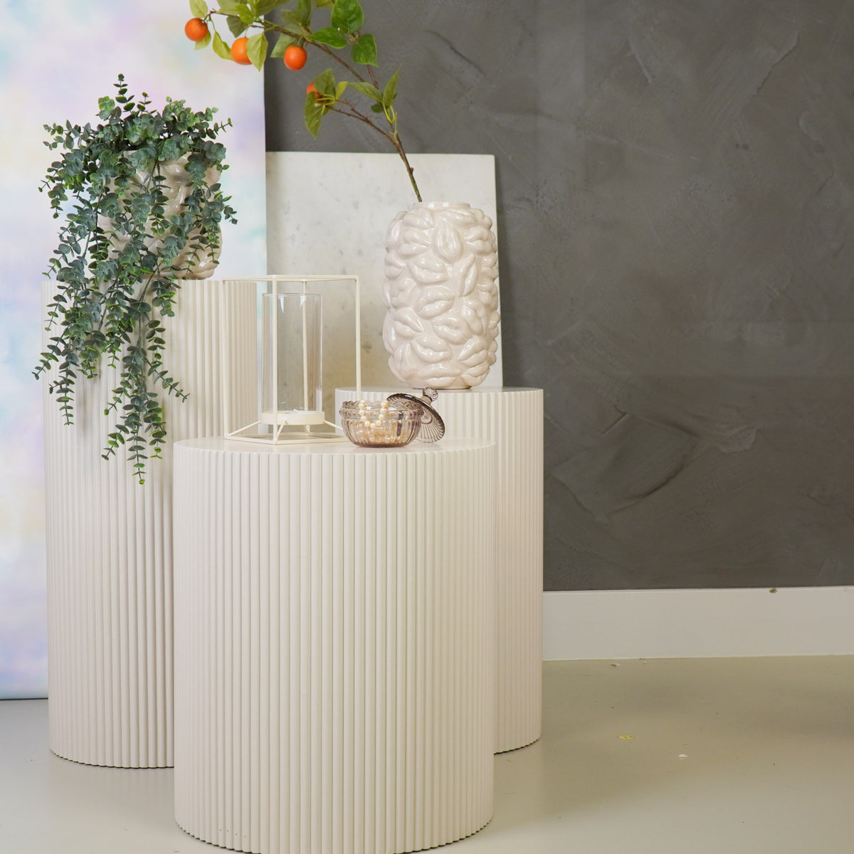 Round Side Table – Ribbed Cylinder Design – MDF – Sand – 30x54cm