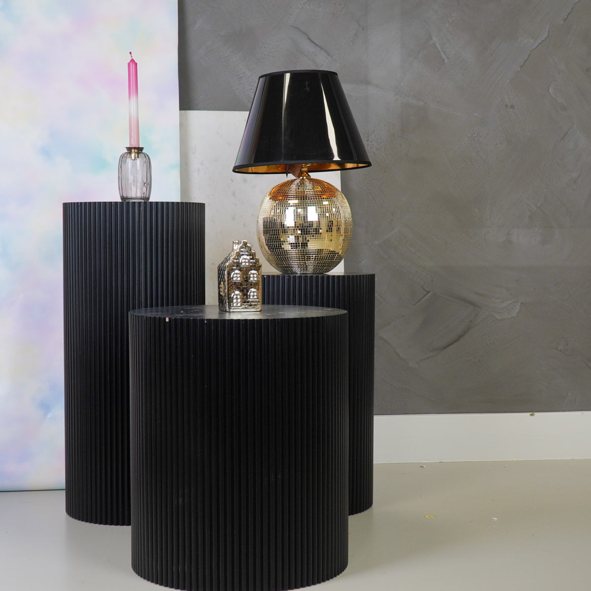 Round Side Table – Ribbed Cylinder Design – MDF – Black– 30x65cm