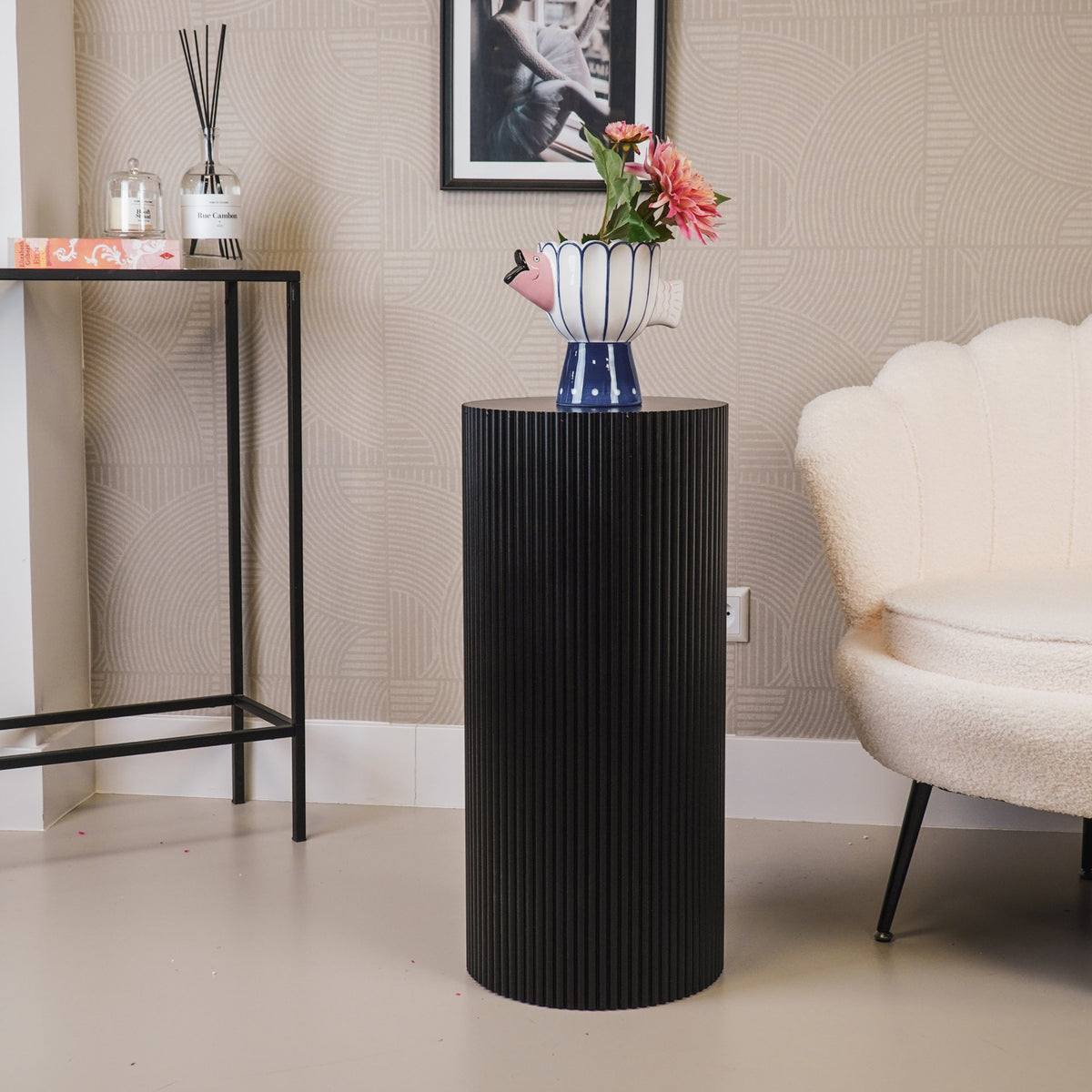 Round Side Table – Ribbed Cylinder Design – MDF – Black– 30x65cm