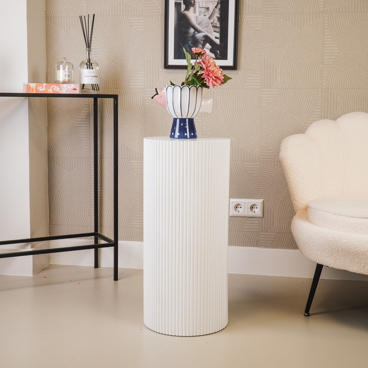 Round Side Table – Ribbed Cylinder Design – MDF – White – 30x65cm