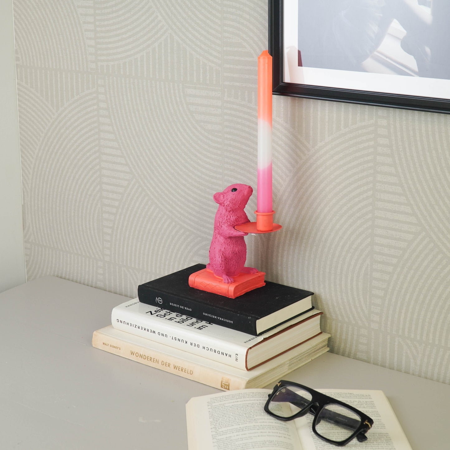 Candle holder - Mouse - Polyresin - Pink/Red - 8x10x17cm
