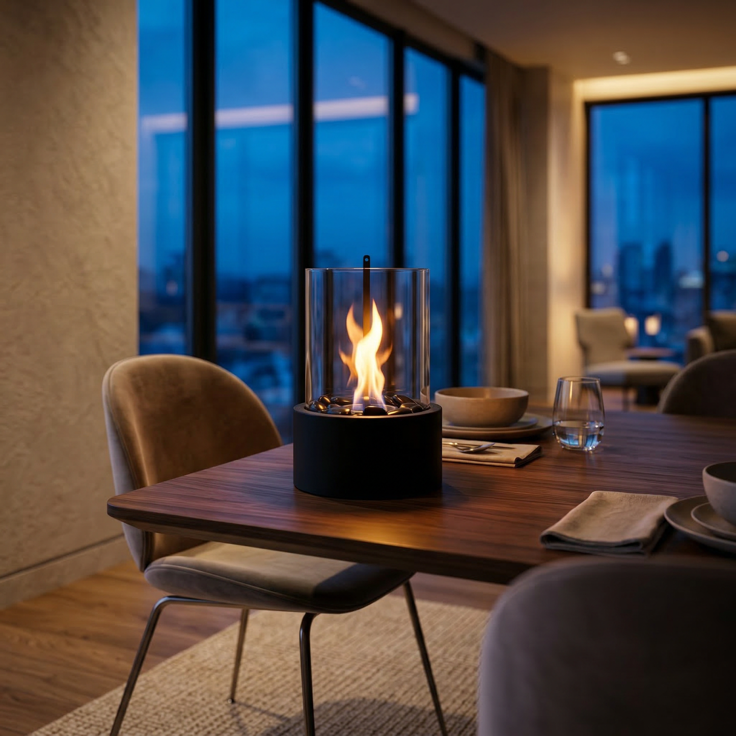 Table Fireplace - Round - Metal/Glass - Black - 18x18x26,5cm