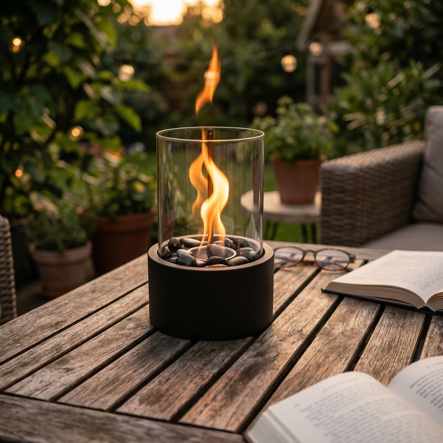 Table Fireplace - Round - Metal/Glass - Black - 18x18x26,5cm