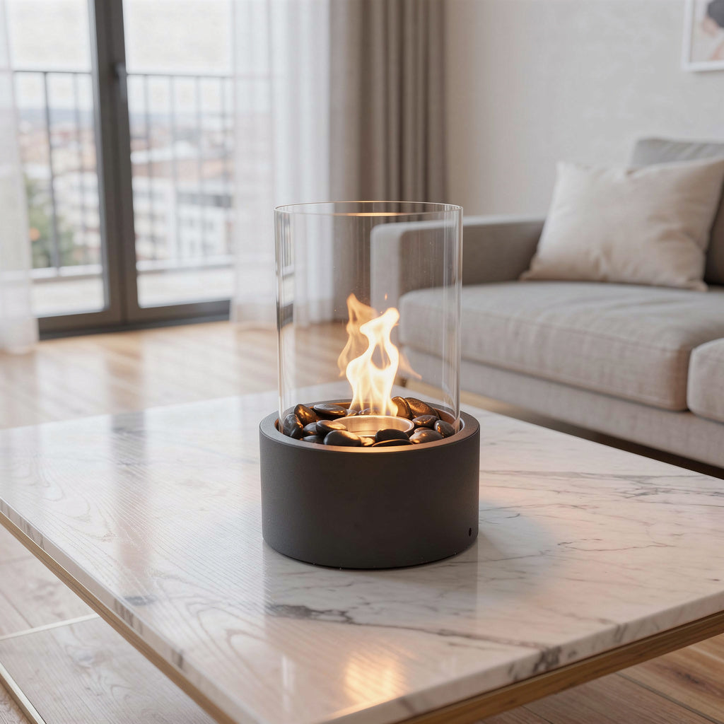Table Fireplace - Round - Metal/Glass - Black - 18x18x26,5cm