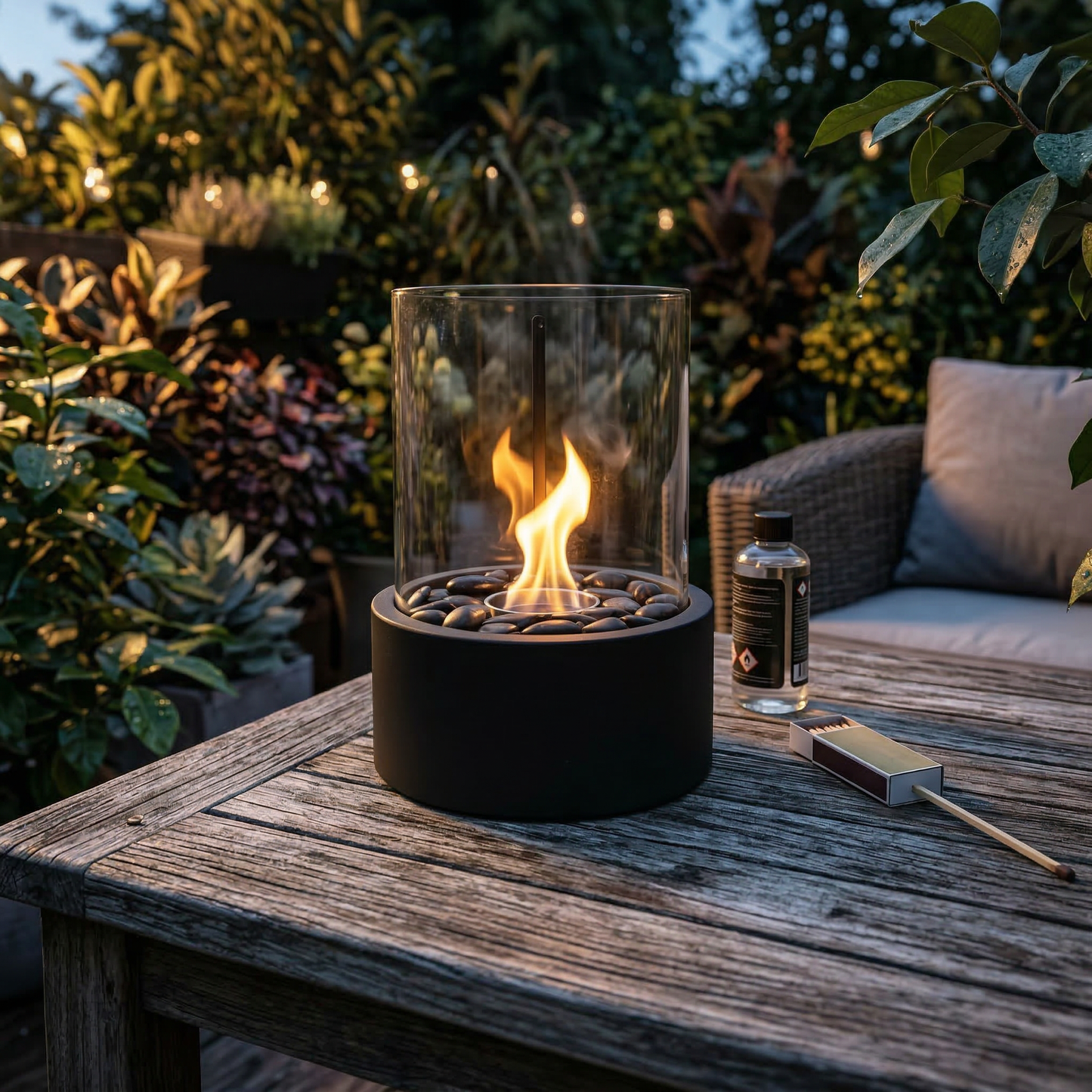 Table Fireplace - Round - Metal/Glass - Black - 21x21x28 cm