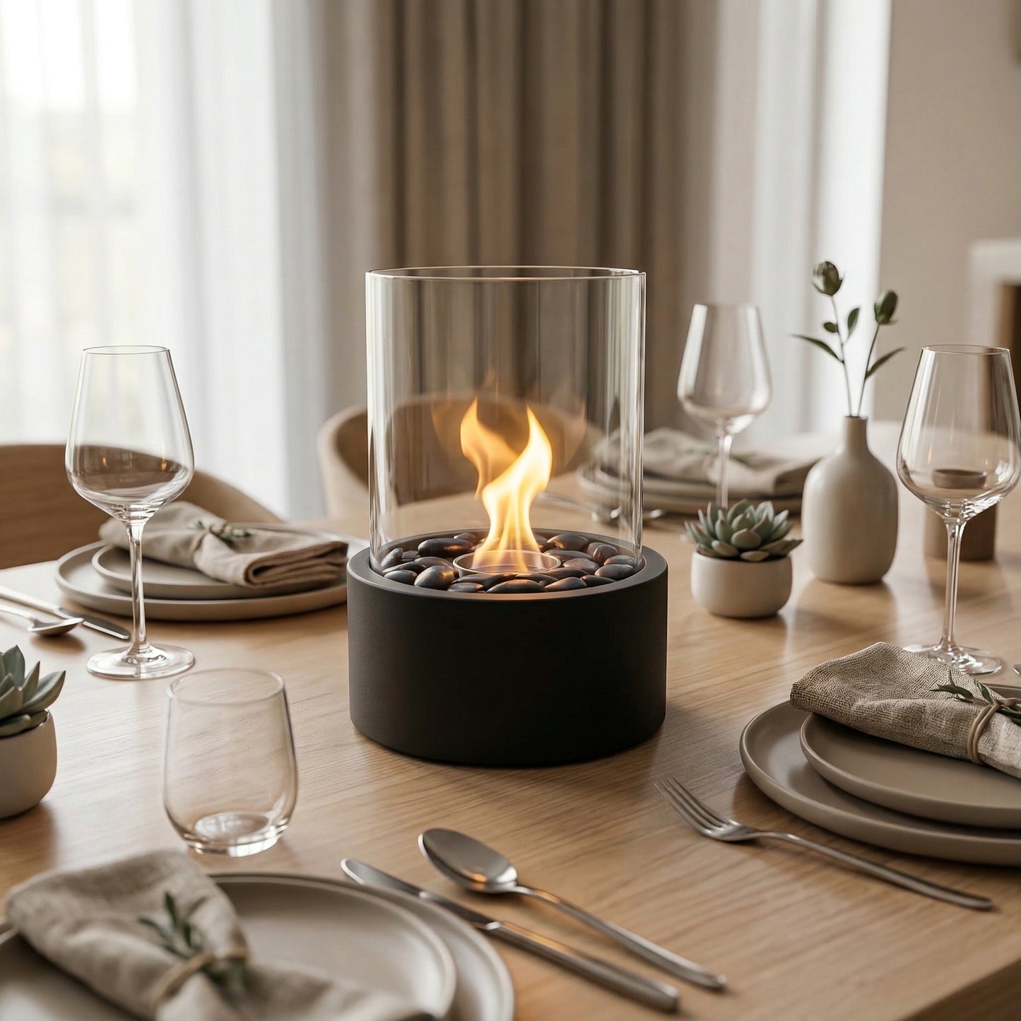 Table Fireplace - Round - Metal/Glass - Black - 21x21x28 cm