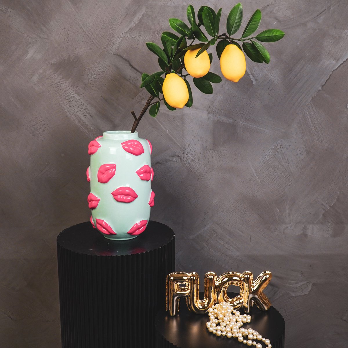 Vase - Kisses - Ceramics - Mint/Pink - 17x17x27cm