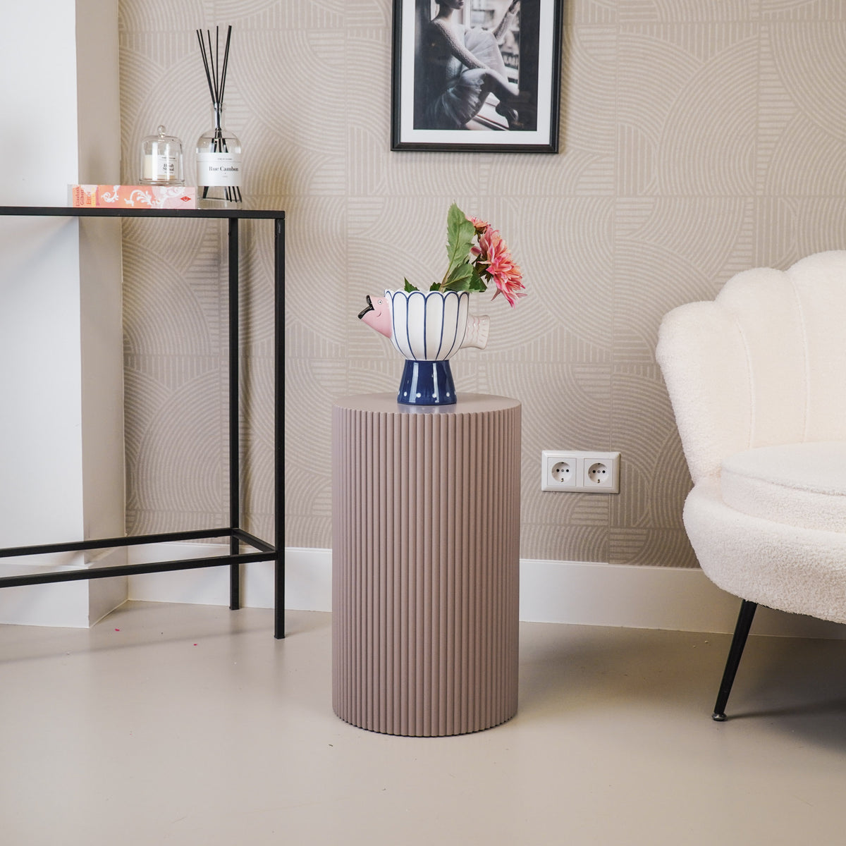 Round Side Table – Ribbed Cylinder Design – MDF – Taupe – 30x54cm