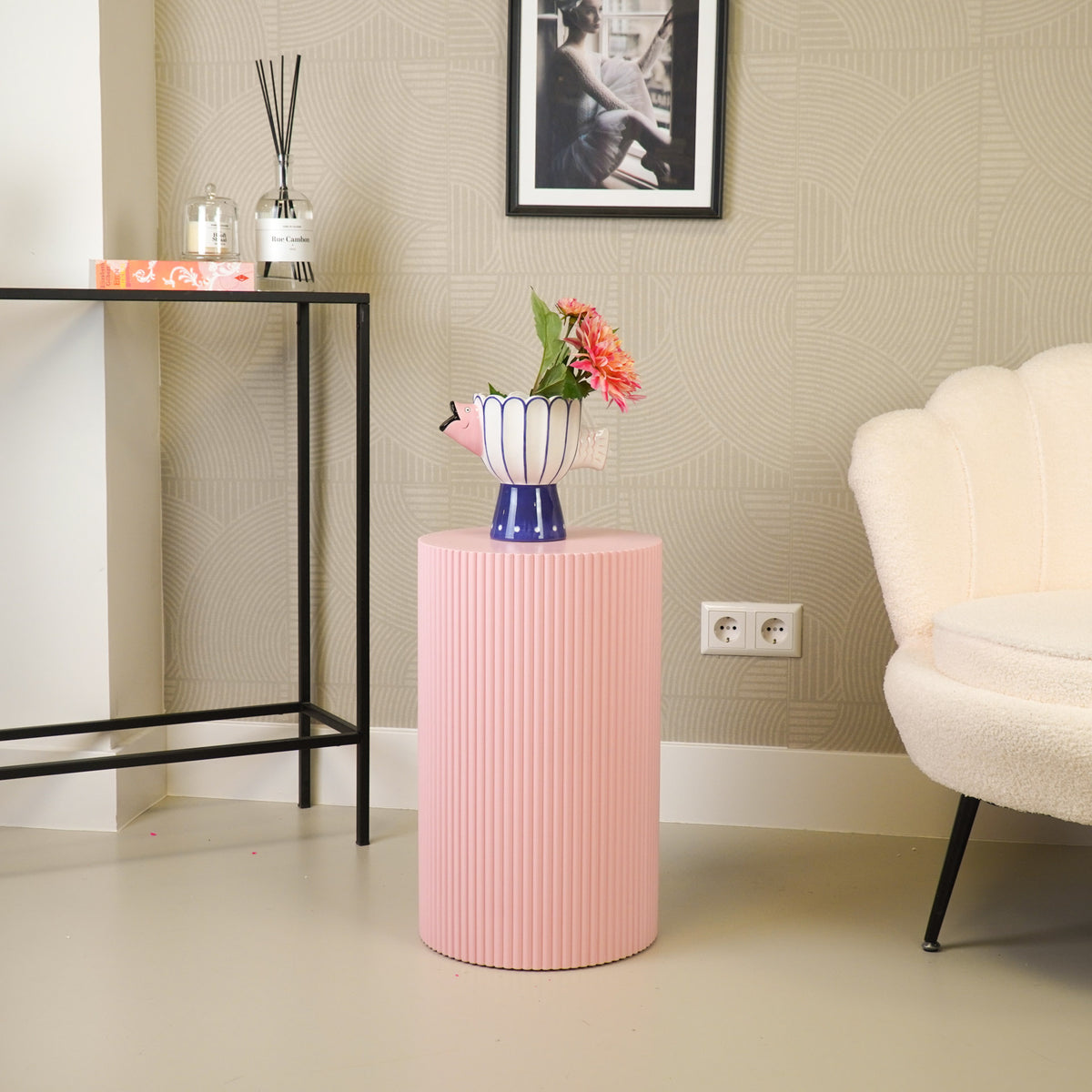 Round Side Table – Ribbed Cylinder Design – MDF – Light Pink – 30x54cm