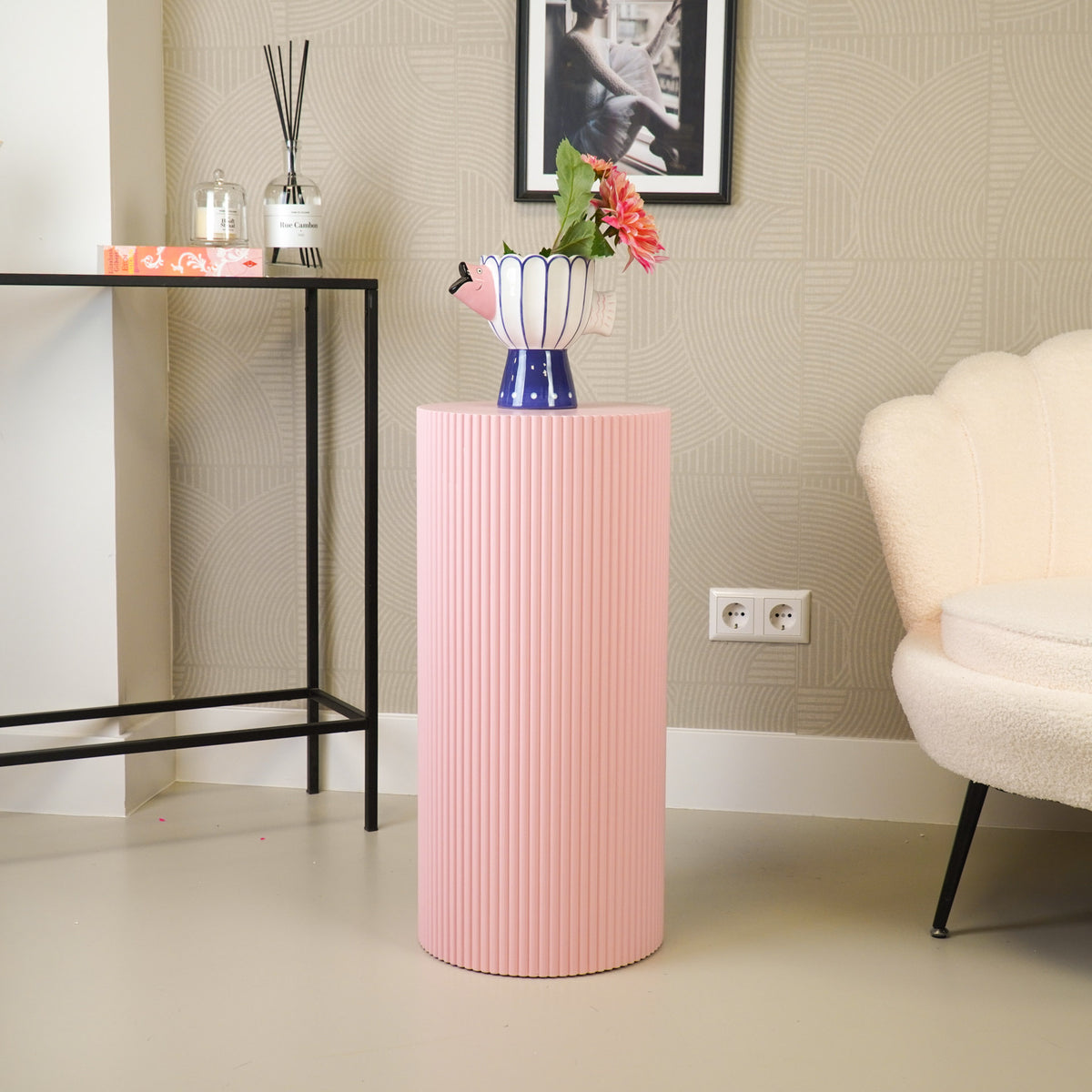 Round Side Table – Ribbed Cylinder Design – MDF – Light Pink – 30x65cm