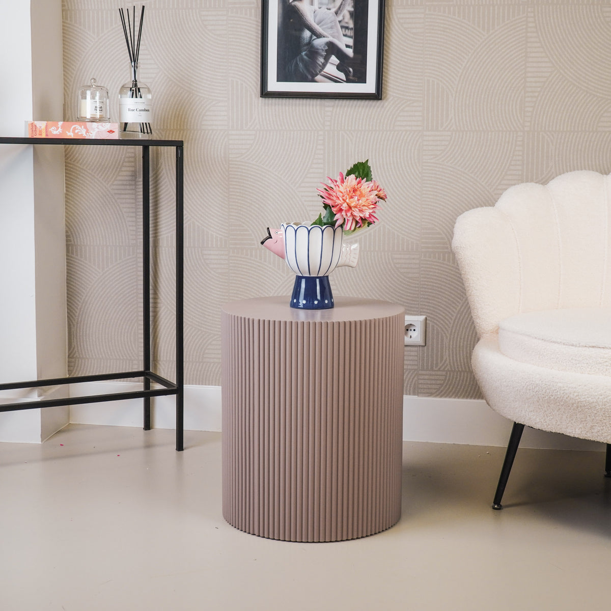 Round Side Table – Ribbed Cylinder Design – MDF – Sand – 39x45cm