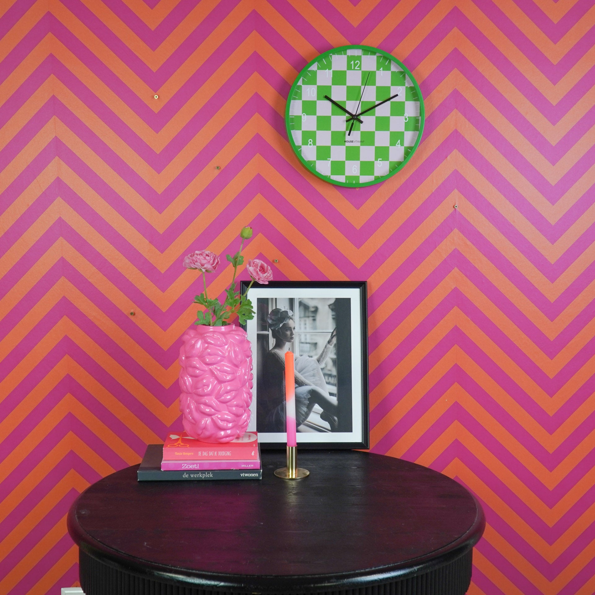 Clock - Wall Clock - Block Pattern - Green/Pink - 34x4x34cm