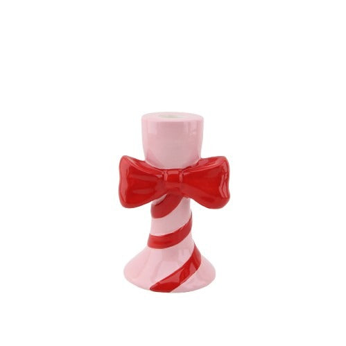 Candle holder - Stripes with Bow  -Pink/Red - 9x8x14cm
