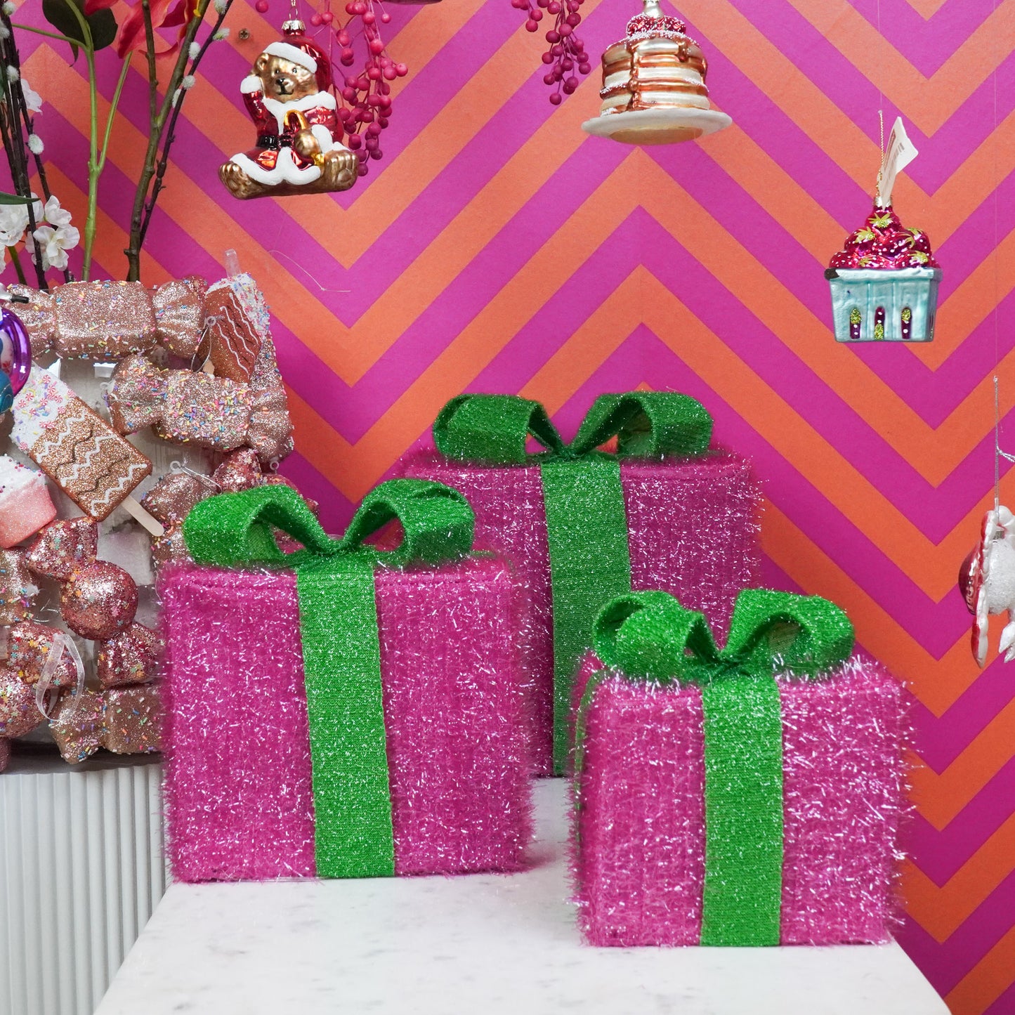 Led Xmas Gift - S3 - Polysterene - Pink/Green -15/20/25cm