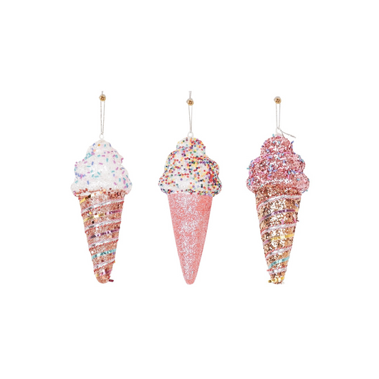 Christmas Hanger - Ice Cream Cones with Discoball Dip -  Set of 3 - Pink - Foam - 8x7x15cm