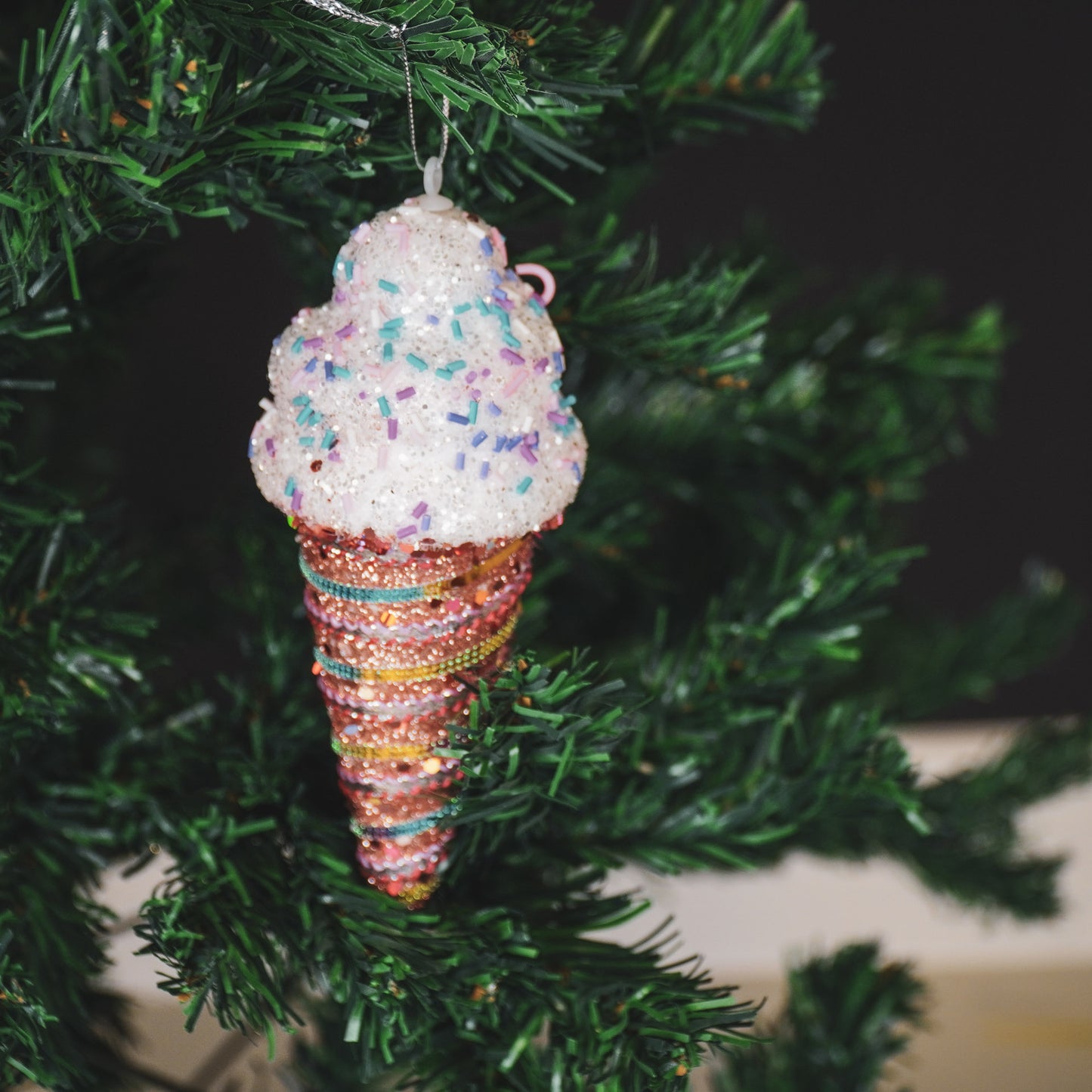 Christmas Hanger - Ice Cream Cones with Discoball Dip -  Set of 3 - Pink - Foam - 8x7x15cm