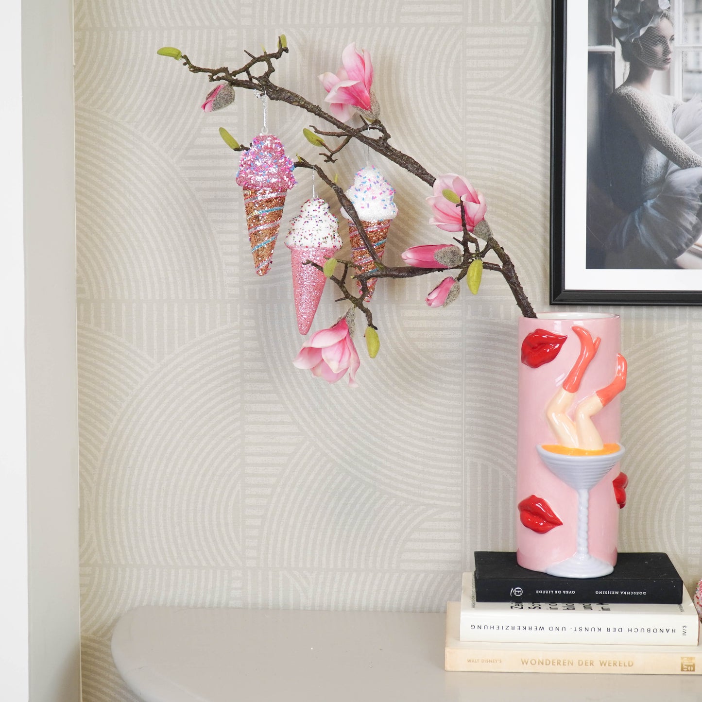 Christmas Hanger - Ice Cream Cones with Discoball Dip -  Set of 3 - Pink - Foam - 8x7x15cm