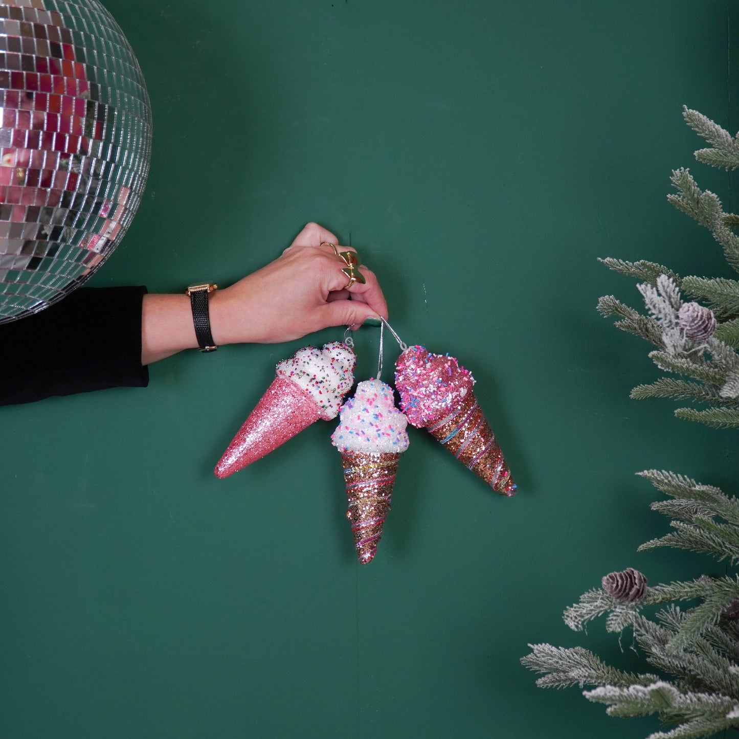 Christmas Hanger - Ice Cream Cones with Discoball Dip -  Set of 3 - Pink - Foam - 8x7x15cm
