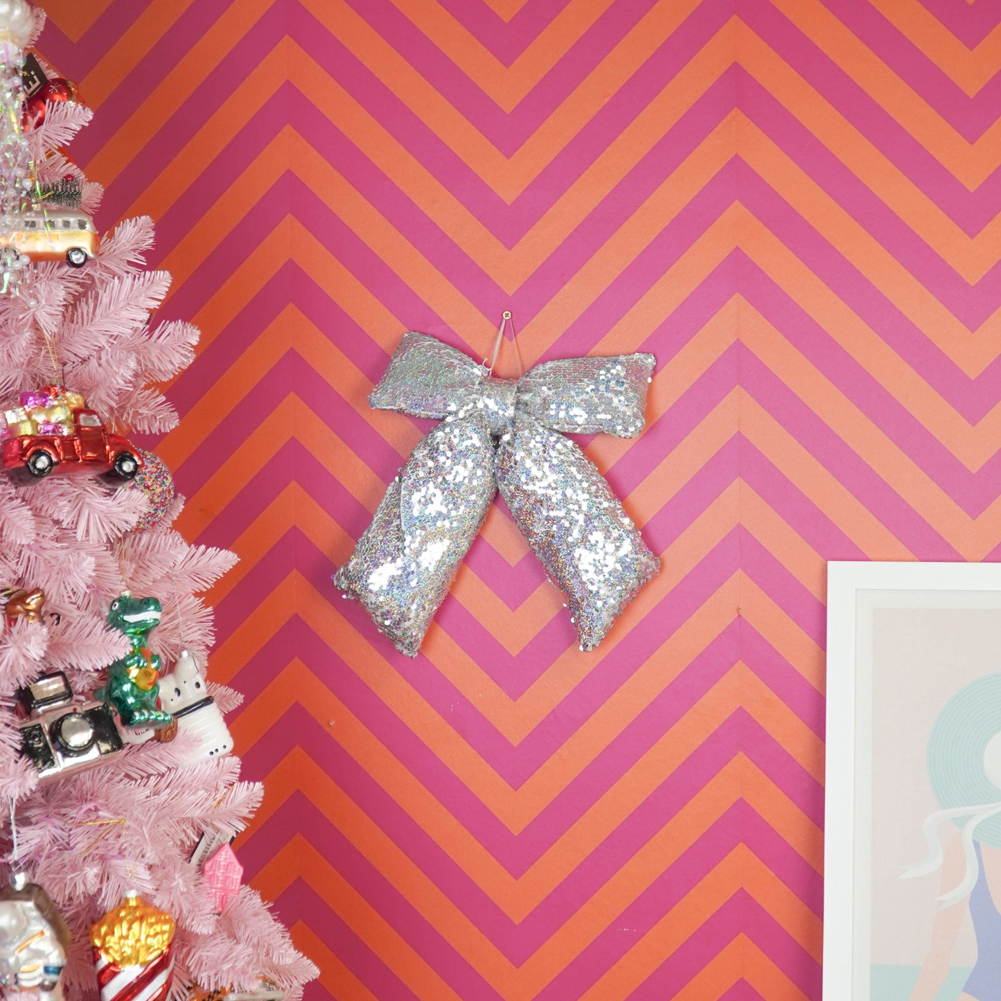 Christmas Decoration - Bow - Sequins Fabric - Silver - 32x40cm