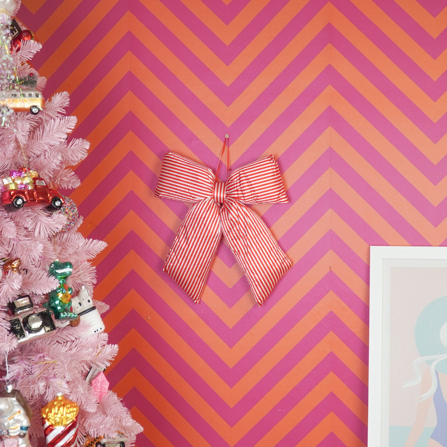 Christmas Decoration - Striped Bow - Red/White - Polyester - 32x40cm