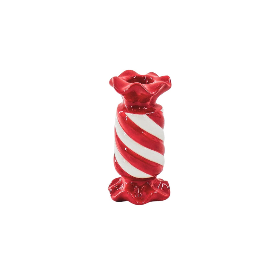 Candle Holder- Toffee Candy - Ceramic- Red/ White- 7,5x7,5x13 cm
