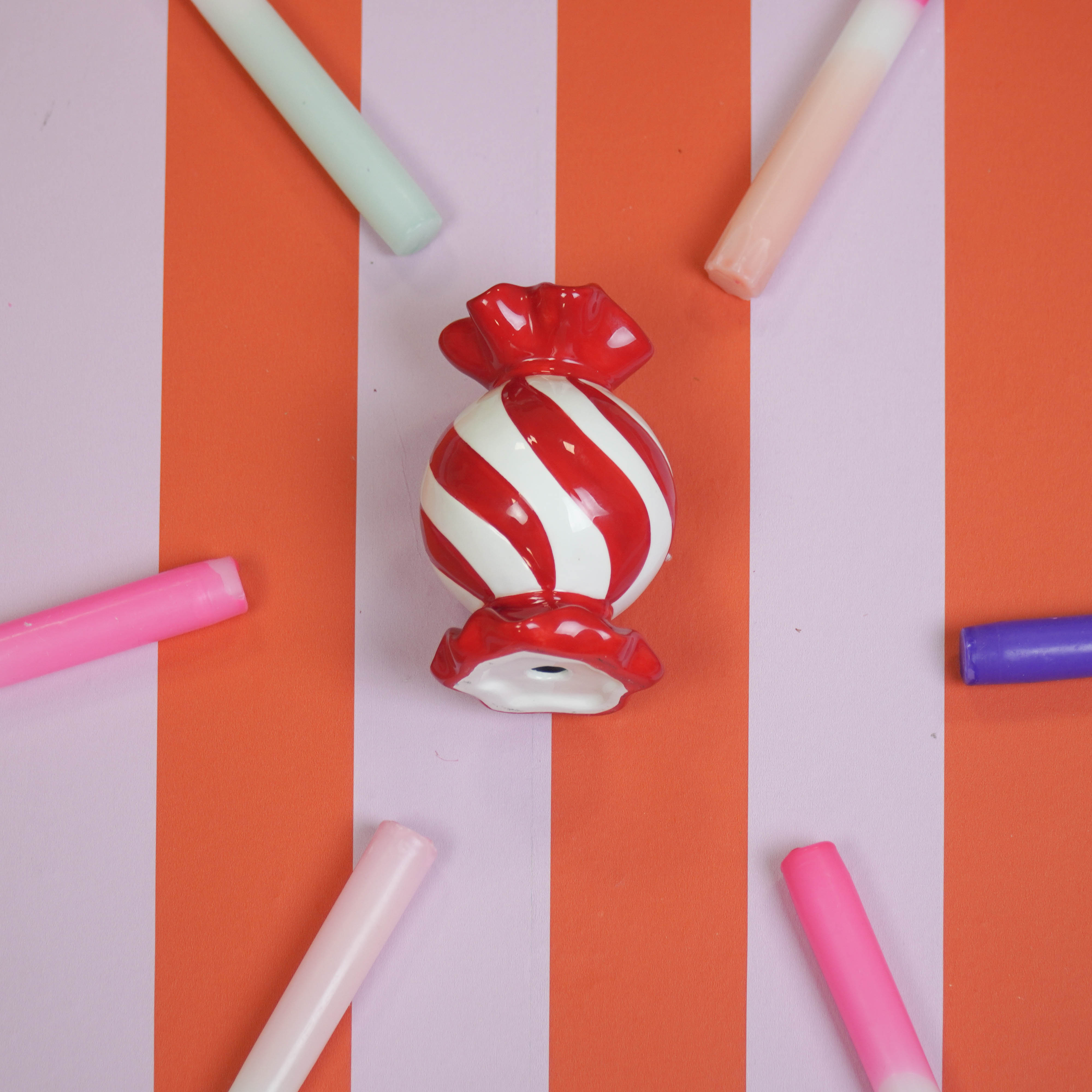 Candle Holder- Toffee Candy-  Red/ White -8,5x8,5x13 cm