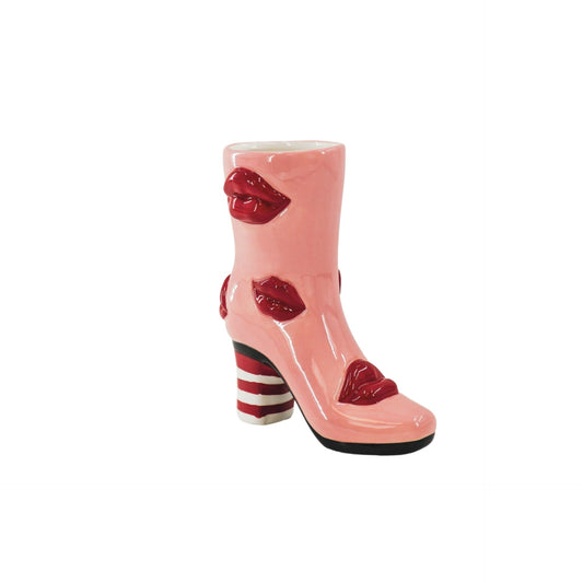 Flower Vase- Boot with Lips Vase- Ceramics- Pink/ Red- 19,5x8,5x23 cm