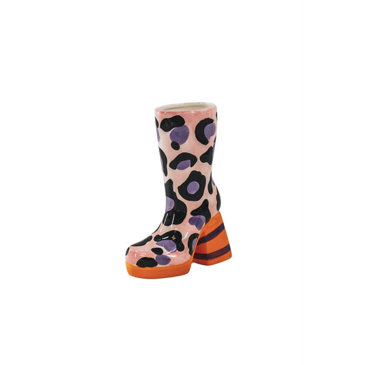 Flower Vase- Boot with Leopard Print Vase- Ceramics- Pink/ Orange-18x8x24 cm