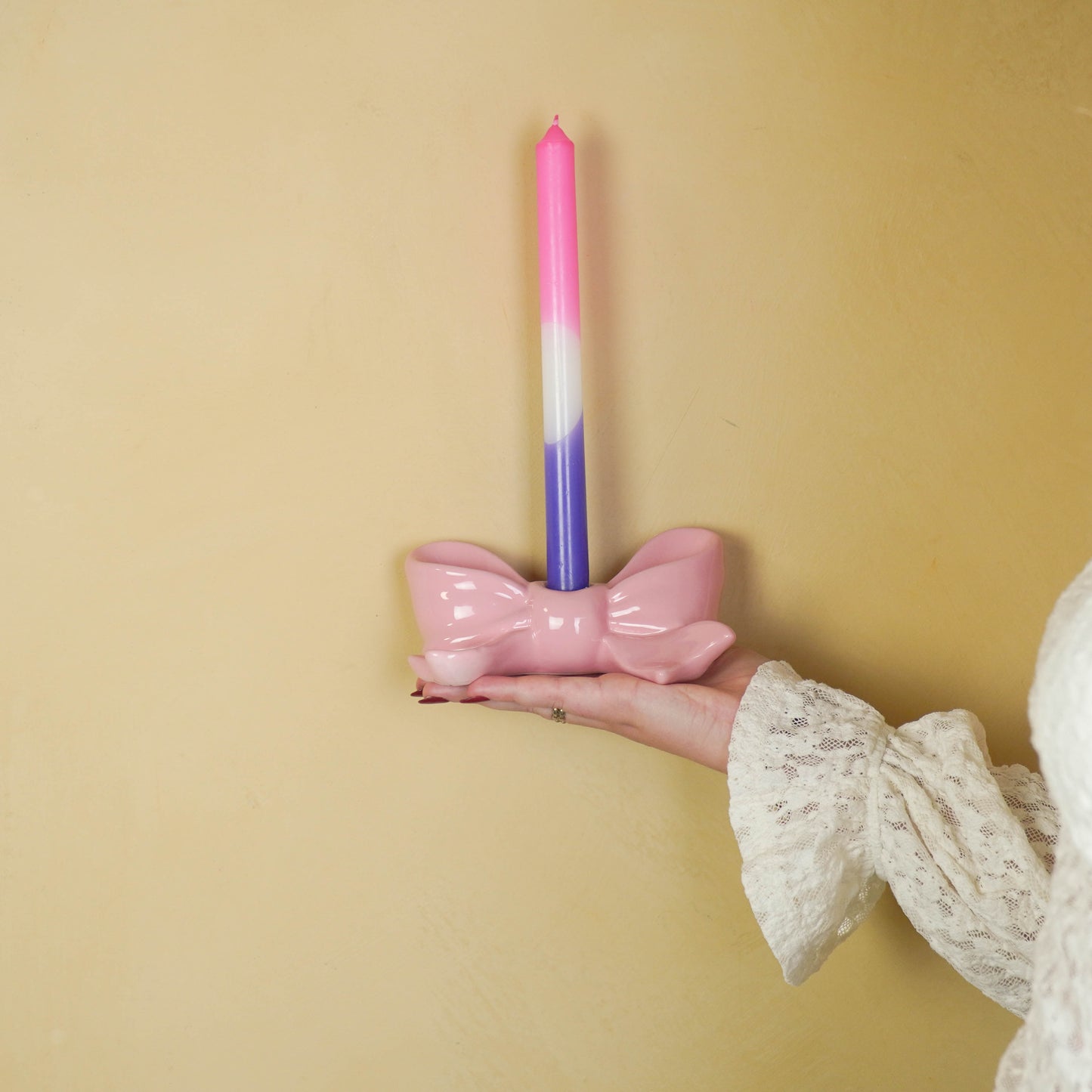 Candle Holder- Bow- Ceramic- Pink- 18x9x7 cm