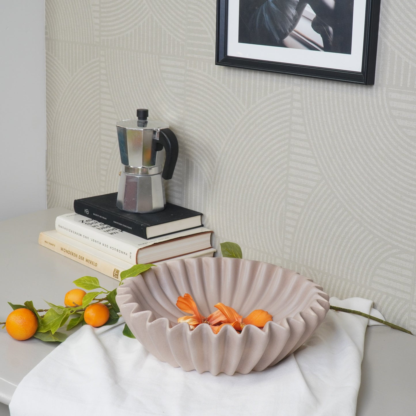Bowl- Pleated Bowl - Ceramics-  Taupe- 29,5x29,5x9cm