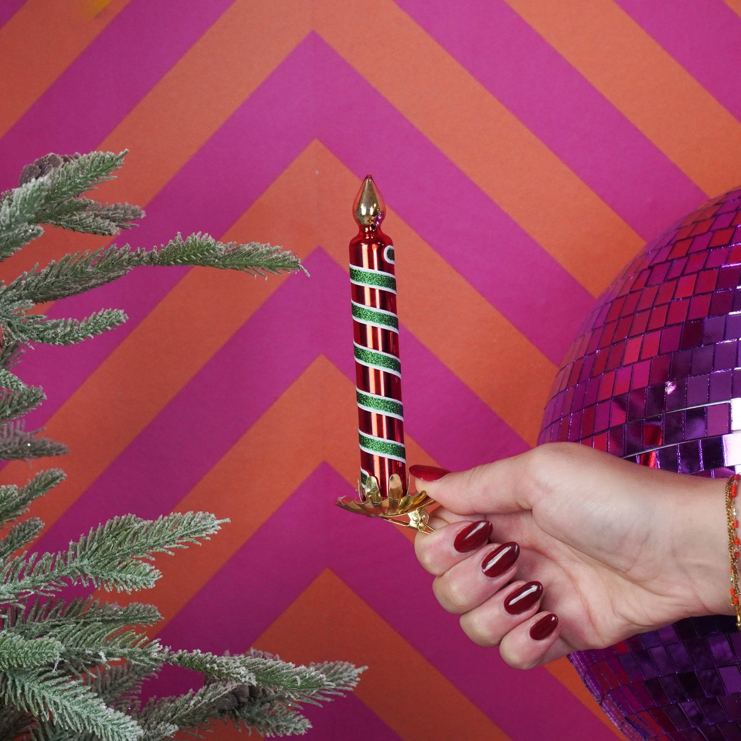 Xmas Hanger - Candle Pinch - Red/ Green - Glass - 2x2x13cm