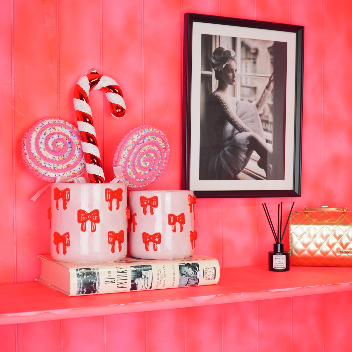 Pot - Flowerpot - Bow - Light Pink/Red - 12.5x12.5x13cm