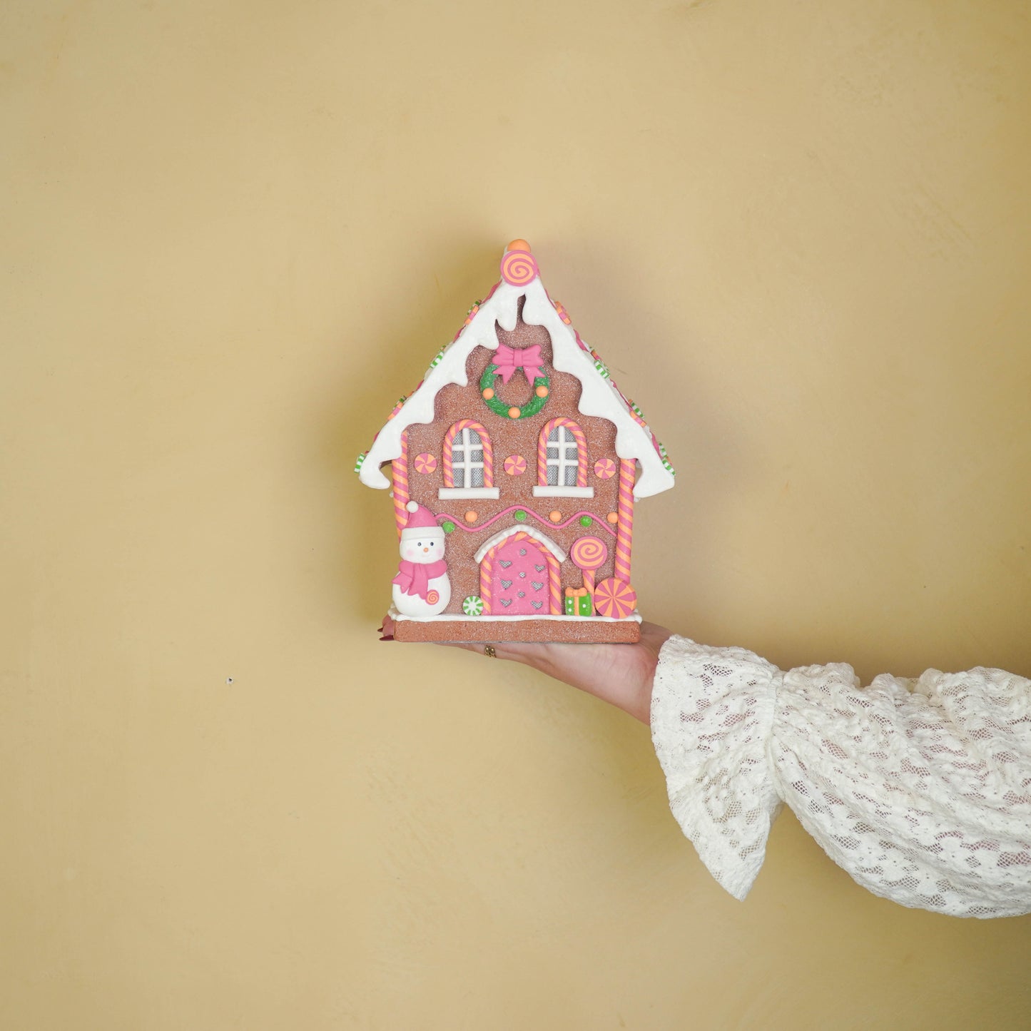 LED - Candy House - Polyresin - Brown/Pink - 8.5x13x23.5 cm