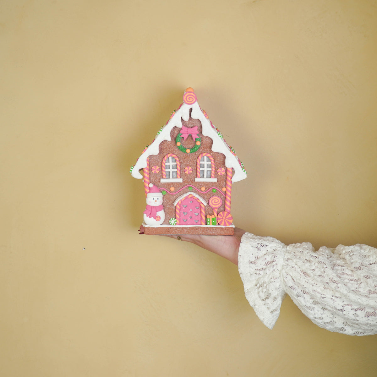 LED - Candy House - Polyresin - Brown/Pink - 8.5x13x23.5 cm
