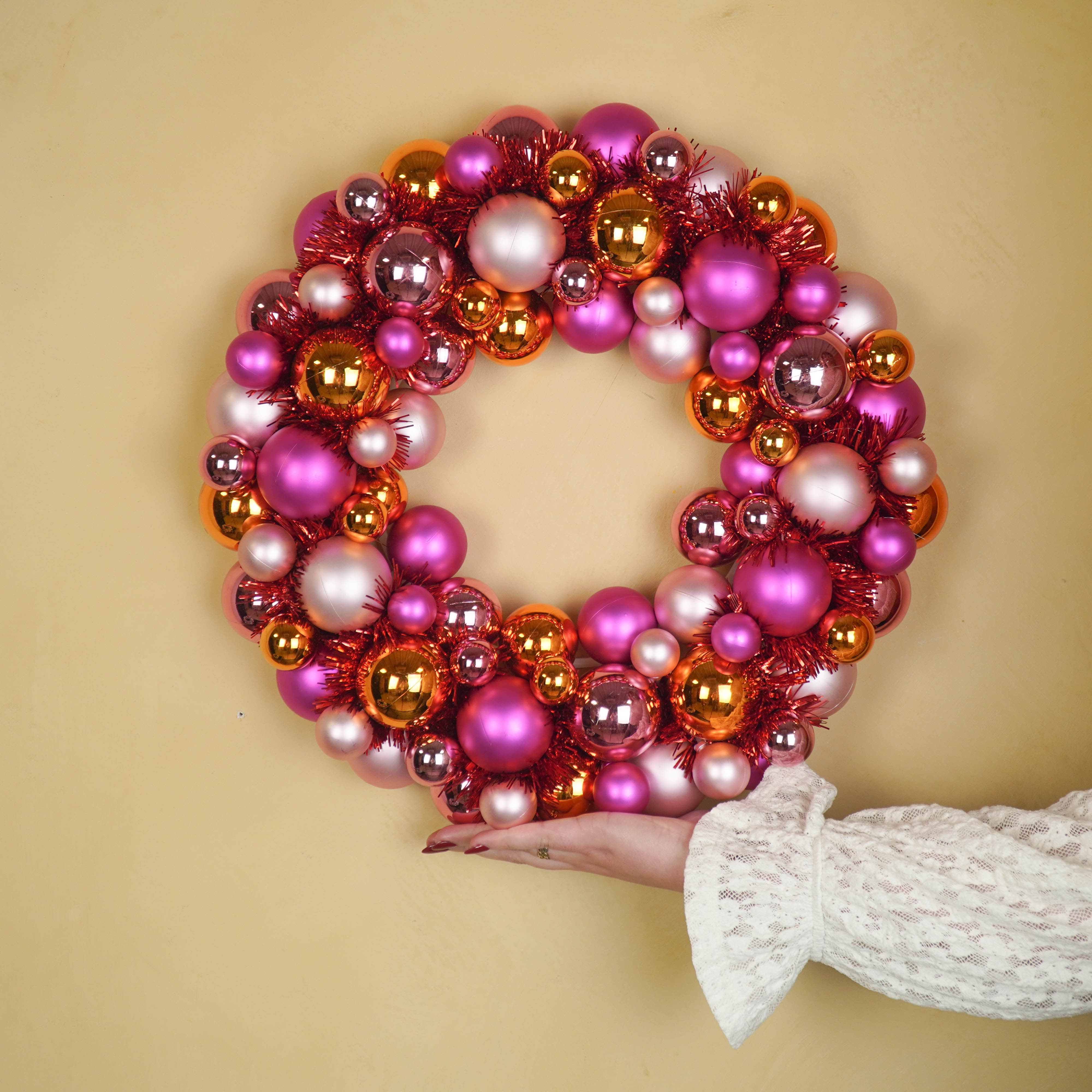 Christmas Decoration - Christmas Wreath - Christmas Baubles - Polysterene - Pink/Orange - 34x10 cm