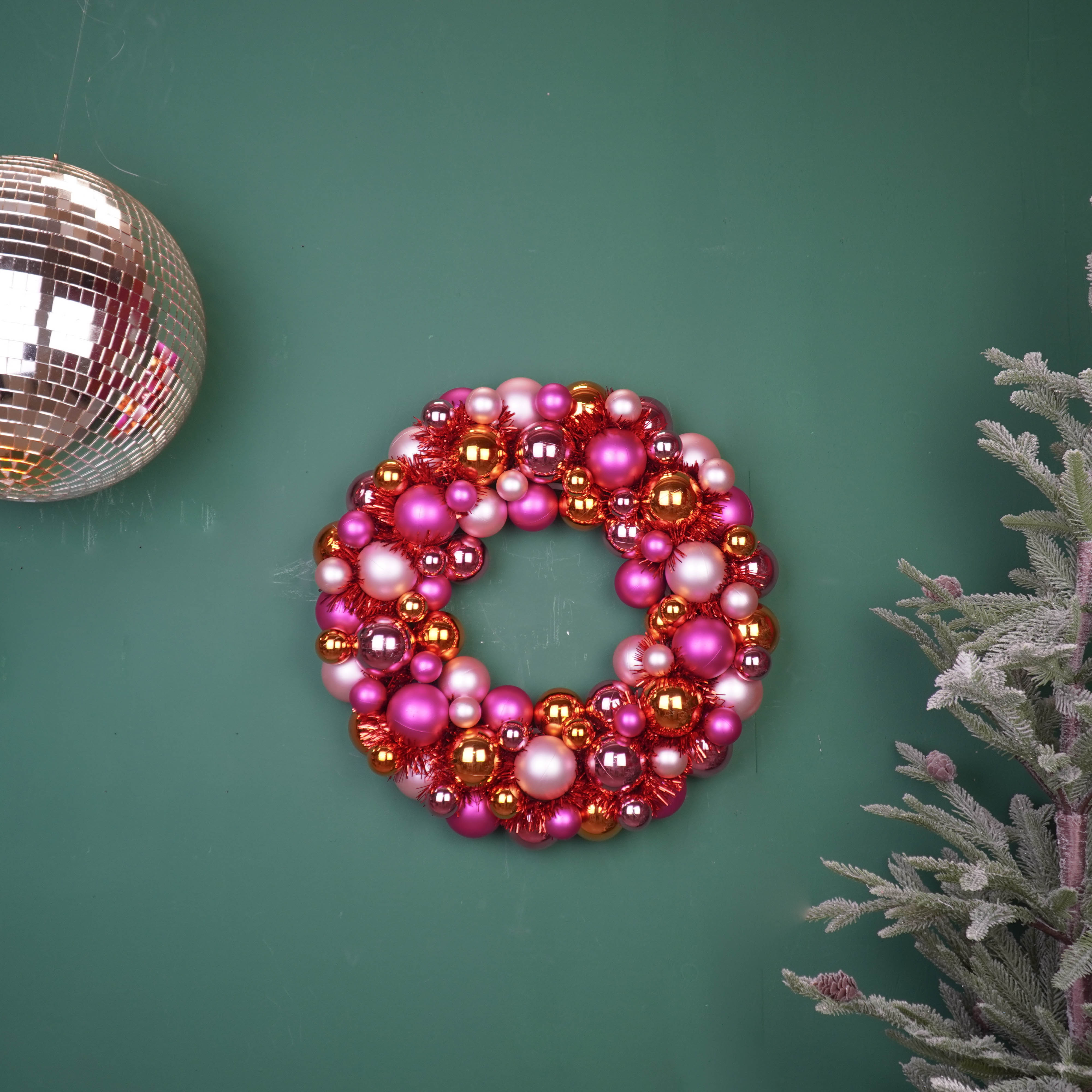 Christmas Decoration - Christmas Wreath - Christmas Baubles - Polysterene - Pink/Orange - 34x10 cm