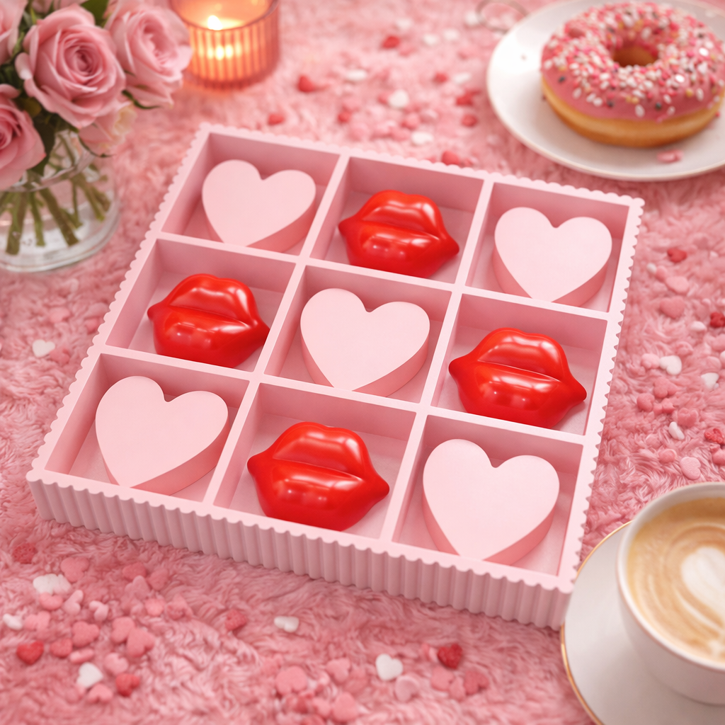 Game - Tic Tac Toe - Hearts/Lips - MDF - Pink/Red -33x33x5cm