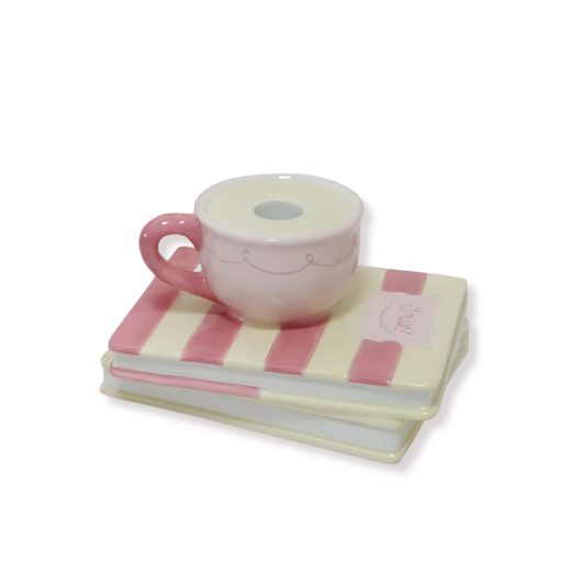 Candle Holder - Cup on books - Yellow/Pink - 16,5x13,5x9,5cm