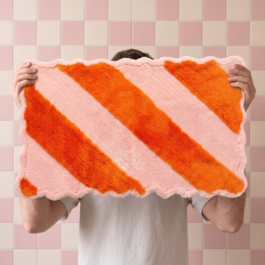 Bathmat - Striped - Cotton/ Polyester -Lightpink/ Orange -  80x50x1 cm