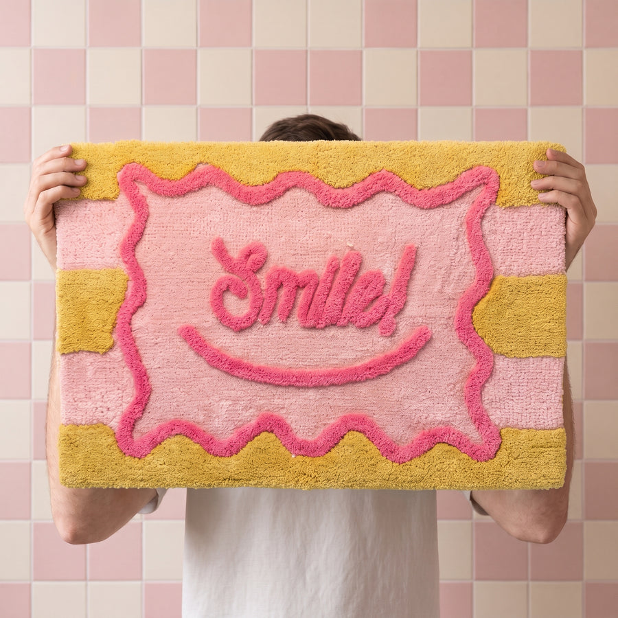 Bathmat - Smile- Cotton Polyester - Pink/ Yellow-  80x50x1 cm