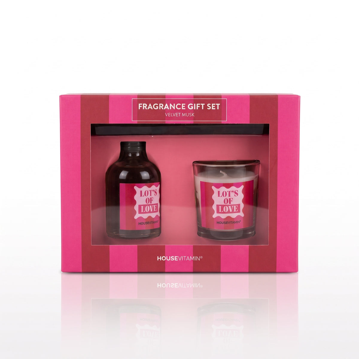 Fragrance Gift Set - Reed diffuser and Scented Candle - 'Lot's of Love' - Red/ Pink - Velvet Musk
