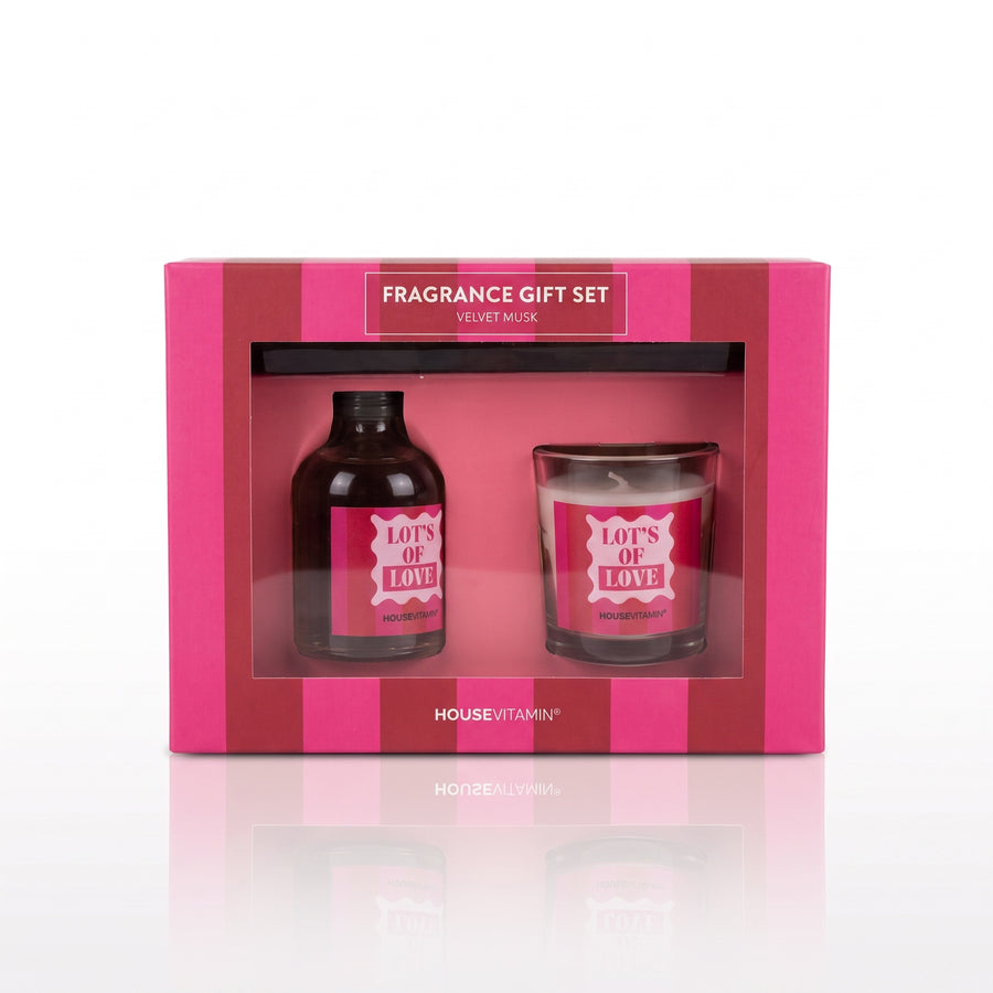 Fragrance Gift Set - Reed diffuser and Scented Candle - 'Lot's of Love' - Red/ Pink - Velvet Musk
