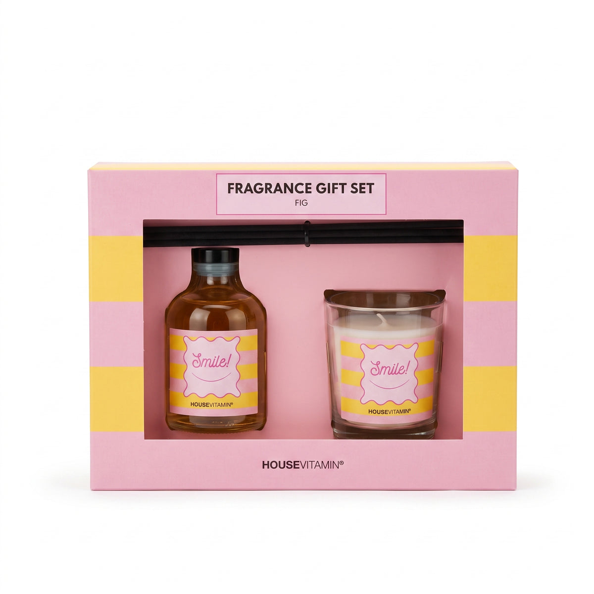 Fragrance Gift Set - Reed diffuser and Scented Candle - 'Smile' - Yellow/ Pink - Fig