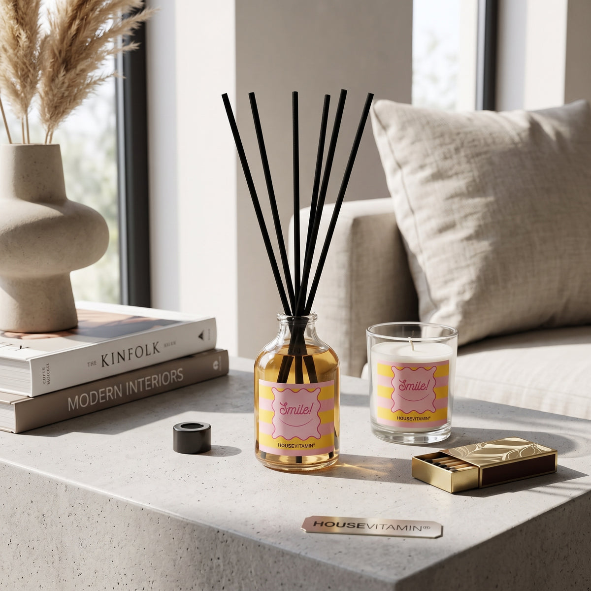 Fragrance Gift Set - Reed diffuser and Scented Candle - 'Smile' - Yellow/ Pink - Fig
