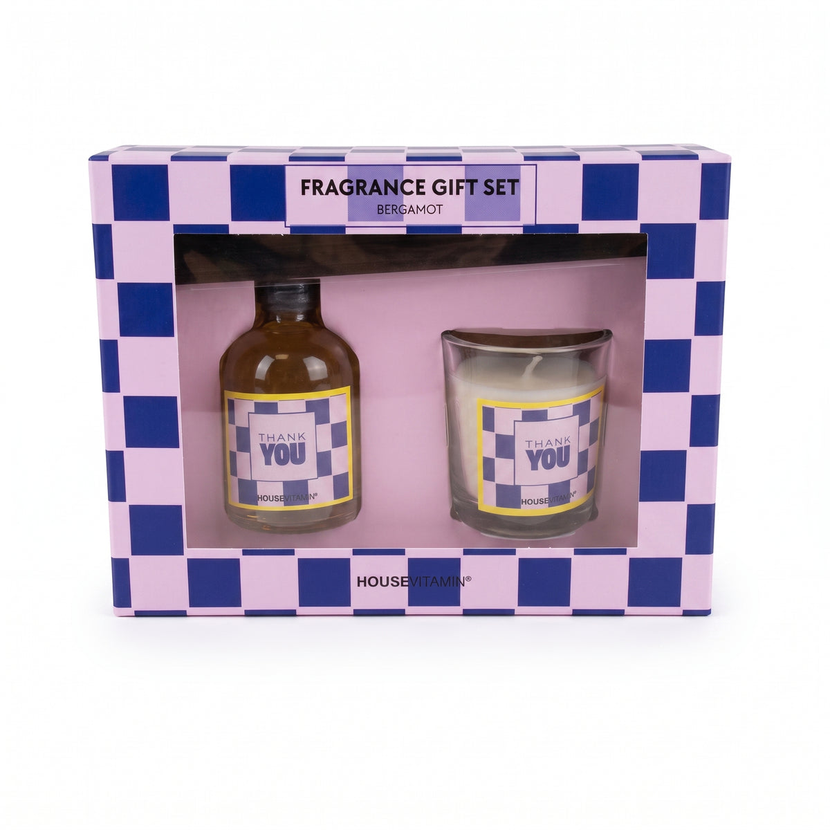 Fragrance Gift Set - Reed diffuser and Scented Candle - 'Thank You' - Blue/ Pink - Bergamot