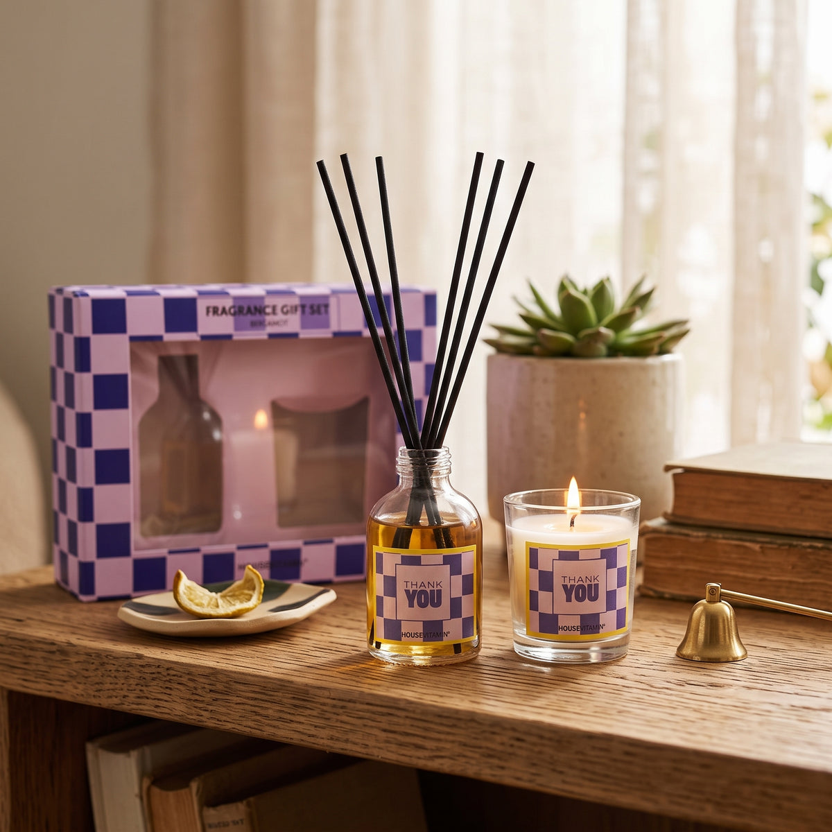 Fragrance Gift Set - Reed diffuser and Scented Candle - 'Thank You' - Blue/ Pink - Bergamot