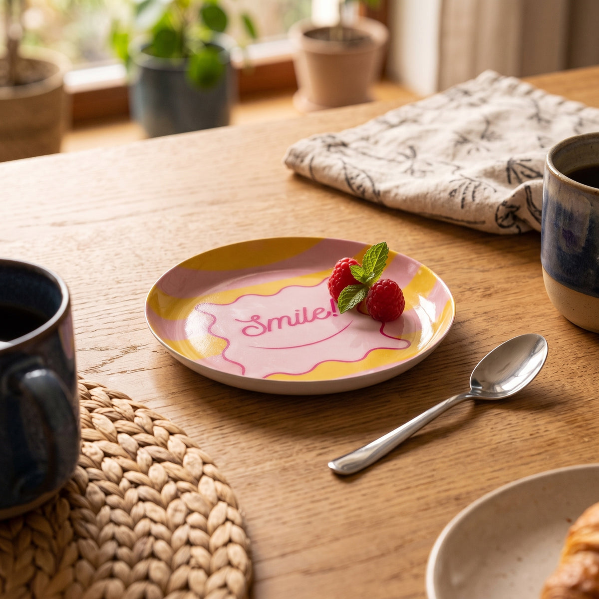 Tray - Metal - 'Smile' - Round - Yellow/ Pink - 12,5x12,5cm